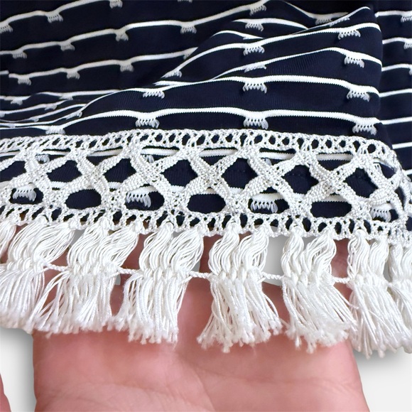 Sara Campbell Navy Stripe Shift Dress Tassel Fringe Hem Fully Lined Stretch M - Picture 4 of 13